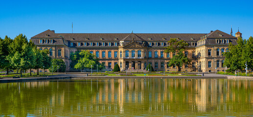 View of the back of the New Castle (Neues Schloss) in Stuttgart with a lake. Baden Wuerttemberg,...
