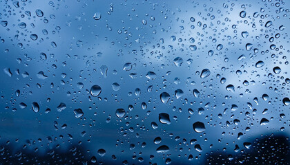 Water drops on a glass pane in front of dark rain clouds in blue color