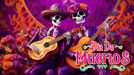 Day of The Dead or  Dia de los Muertos Poster Design with Skeleton Playing Guitar, Orange Flowers and Burning Candles.