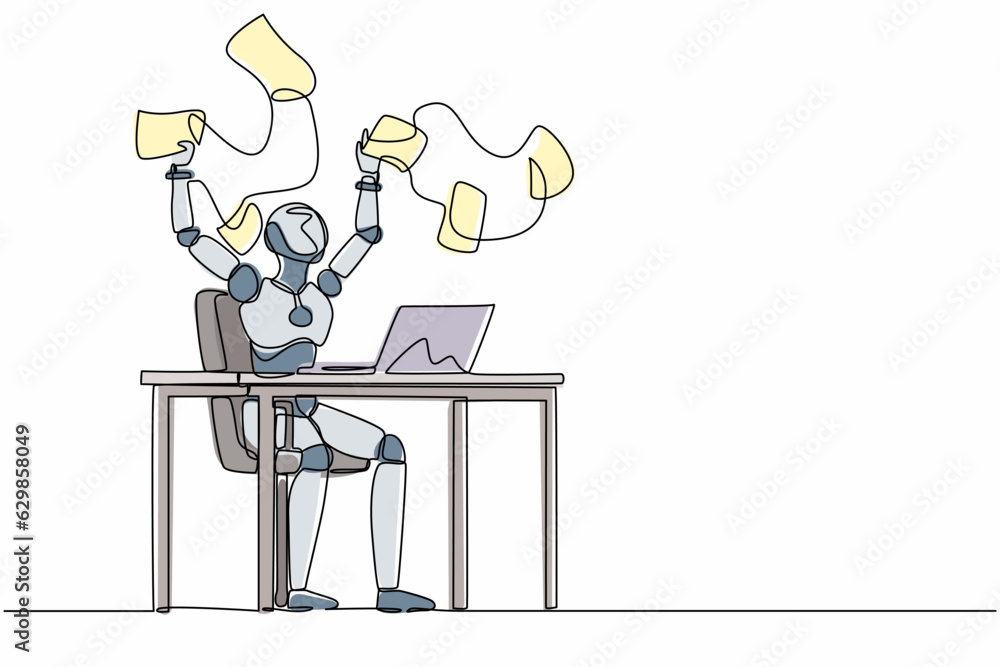 Aufkleber continuous one line drawing happy robot throwing documents in air, enjoying business success. humano