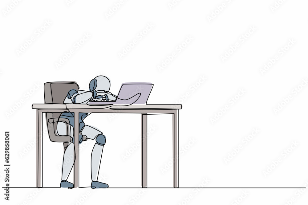 Poster single one line drawing robot throwing tantrum in office holding head with hands. future technology 
