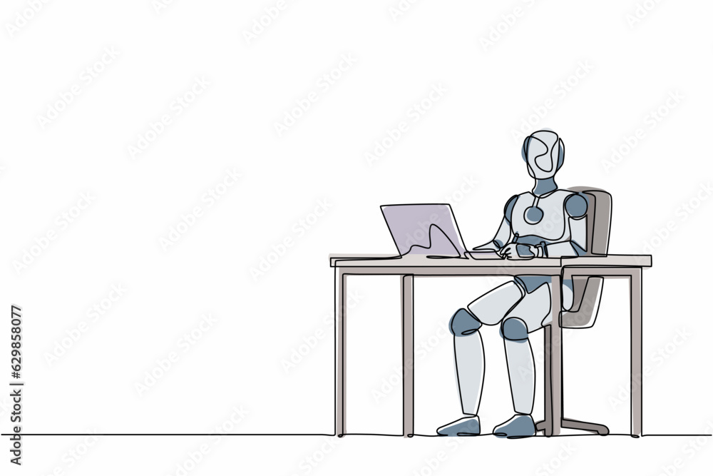 Poster single continuous line drawing robot writing and sitting in front of laptop at table. robotic artifi