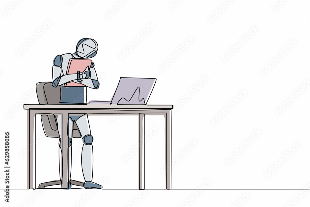 Poster continuous one line drawing robot standing and hugging laptop at office. humanoid robot cybernetic o