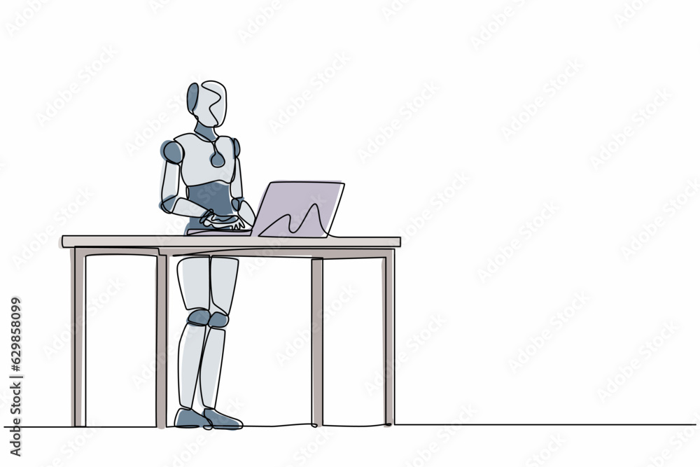 Poster single continuous line drawing smart robot standing and working behind desk. modern robotic artifici