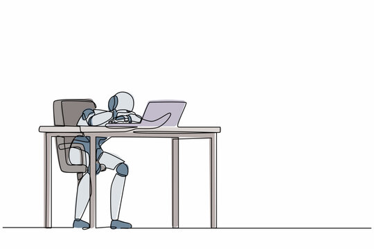 recommend clip art: Single one line drawing robot throwing tantrum in office holding head with hands. Future technology development. Artificial intelligence machine learning. Continuous line design vector illustration