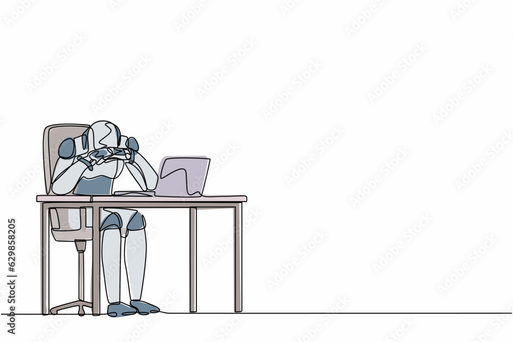 Poster single one line drawing frustrated robot in doubt with hand on chin gesture. future technology devel