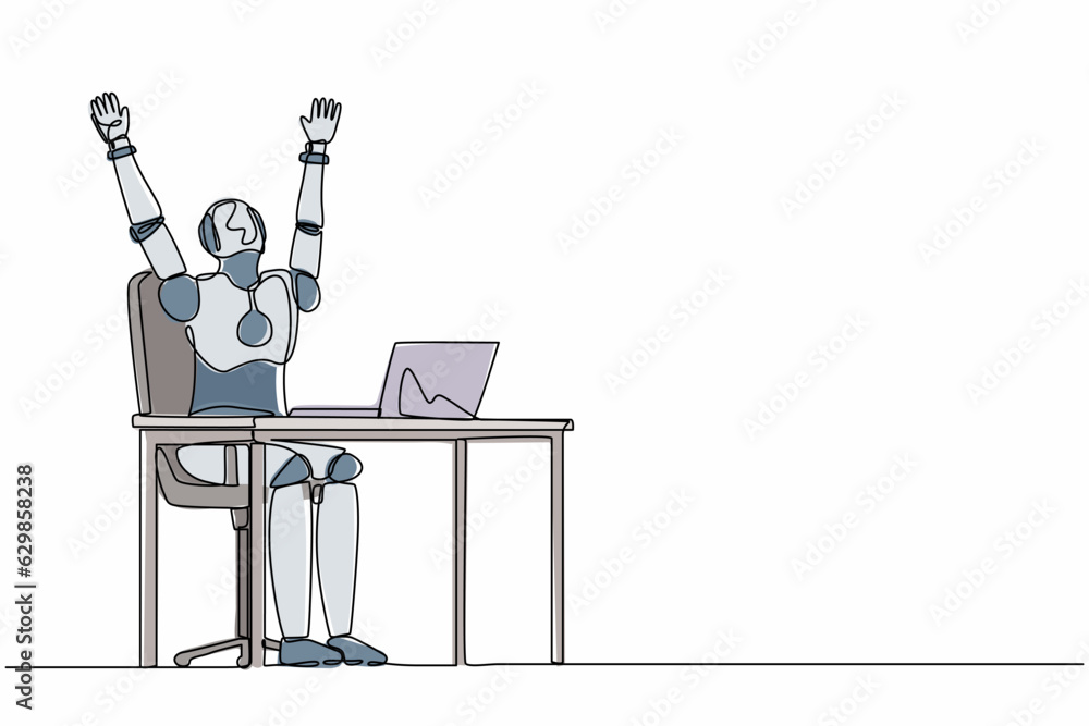 Poster single one line drawing happy robot at desk celebrating win with hands raised. future technology dev