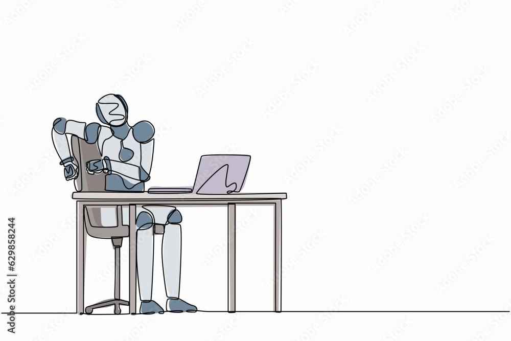 Poster single continuous line drawing scared robot looking at laptop computer screen. modern robotic artifi