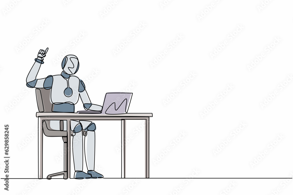 Poster single continuous line drawing robot getting bright new idea while working with laptop on desk. robo