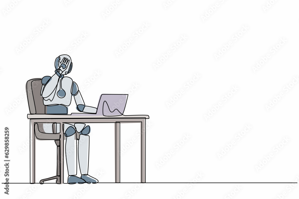 Aufkleber continuous one line drawing robot work at laptop feeling bad, headache, exhausted. humanoid robot cy