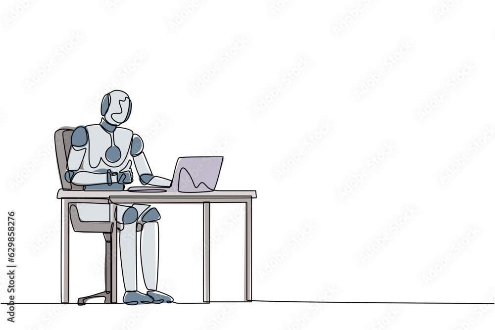Poster continuous one line drawing robot giving thumbs up sign in front of computer. humanoid robot cyberne