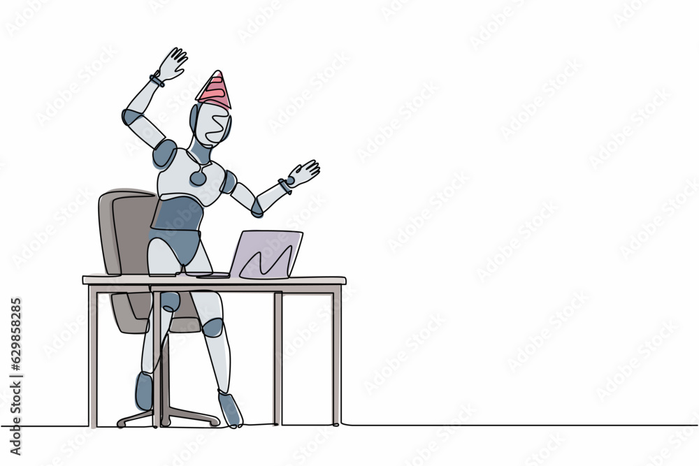 Aufkleber single continuous line drawing robot stands in office with hand raised, computer celebrating success