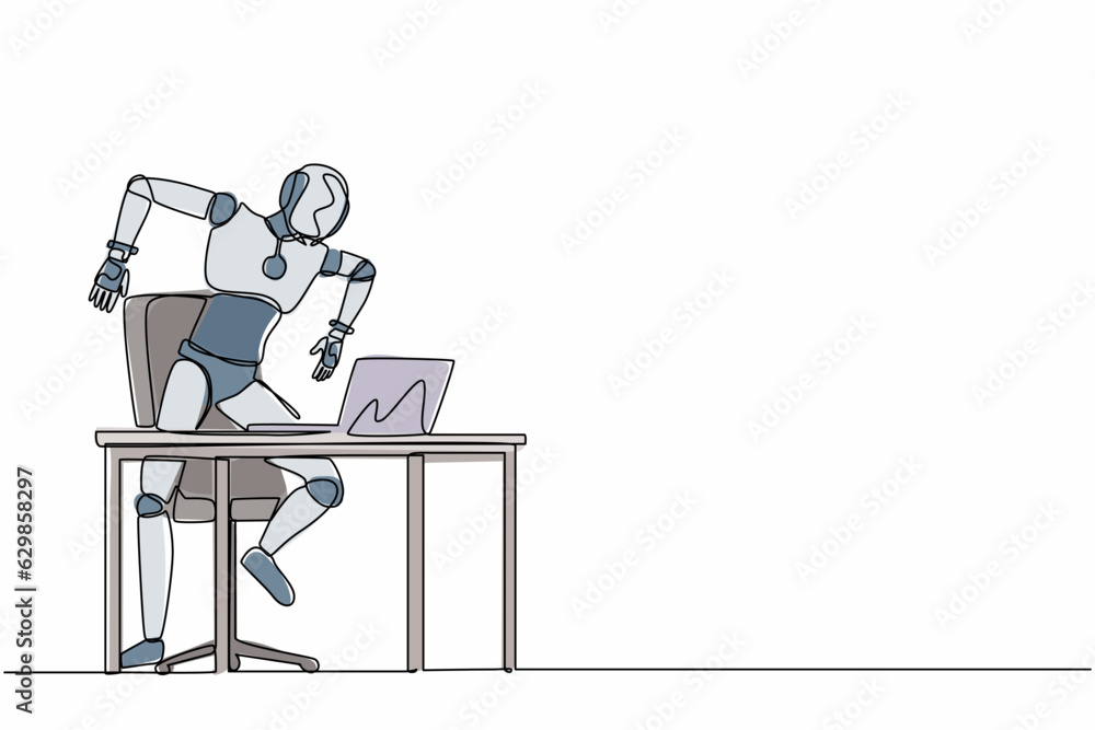 Poster single one line drawing frustrated robot shouting screen laptop on his working desk. future technolo