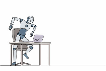 Single one line drawing frustrated robot shouting screen laptop on his working desk. Future technology development. Artificial intelligence machine learning. Continuous line design vector illustration