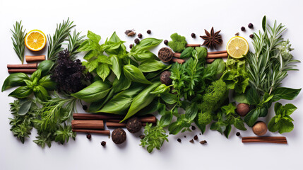 Fototapeta premium Fresh organic Mediterranean herbs and spices elements isolated white background, sage, rosemary twig and leaves, thyme, oregano, basil, green and black pepper, top view, flat lay