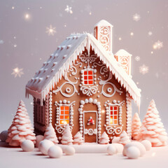 A beautiful fairy-tale Christmas gingerbread house. The concept of Christmas. Minimalism. Banner. - obrazy, fototapety, plakaty