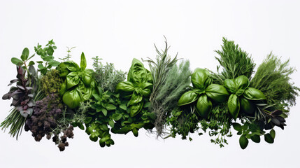 Fresh organic Mediterranean herbs and spices elements isolated white background, sage, rosemary twig and leaves, thyme, oregano, basil, green and black pepper, top view, flat lay