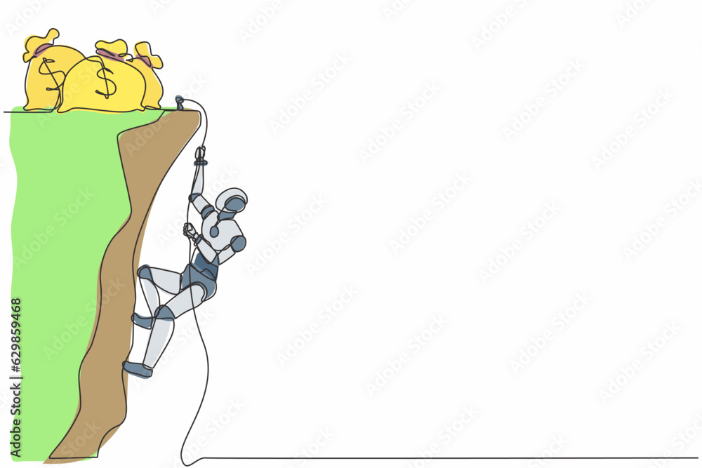 Poster single one line drawing robot doing rope climbing towards money bag. future technology development. 