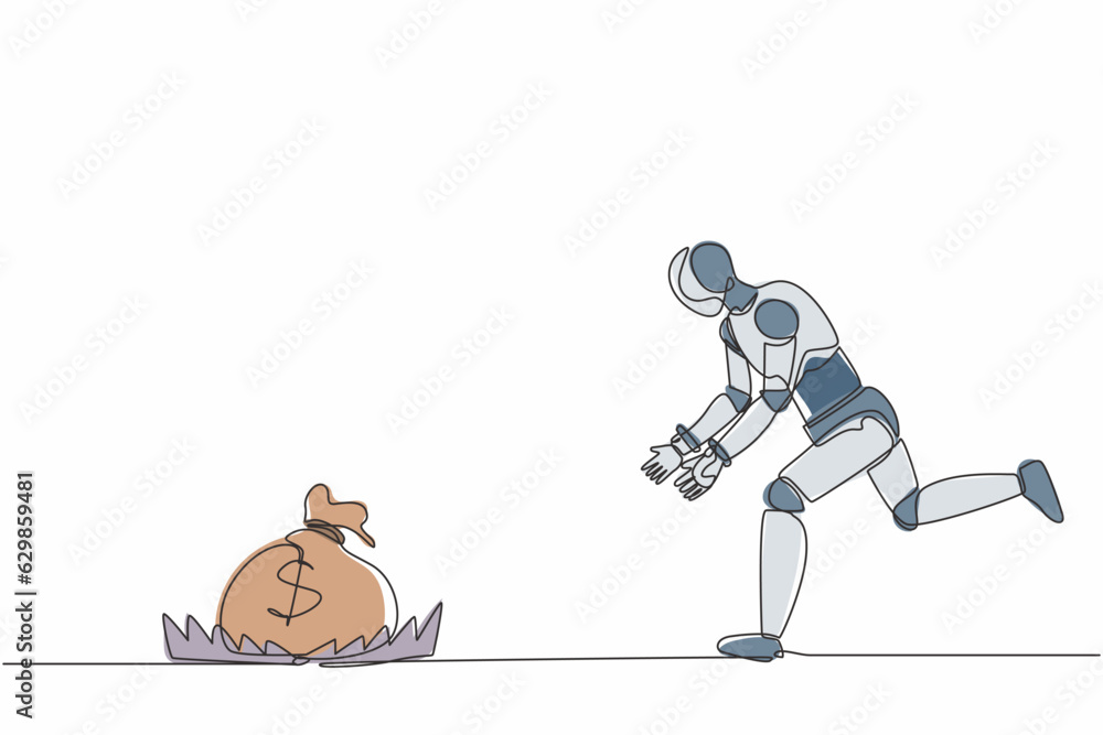 Aufkleber continuous one line drawing robot running to catch money bag in the steel bear trap. humanoid robot 