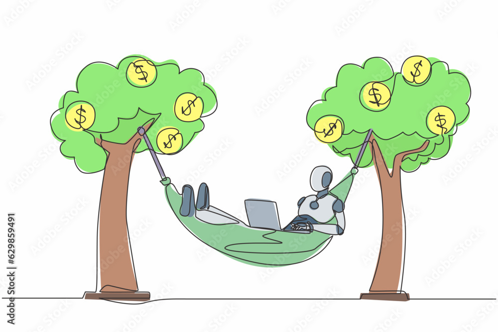 Poster single continuous line drawing robot typing with laptop in hammock tied on money tree with dollar co