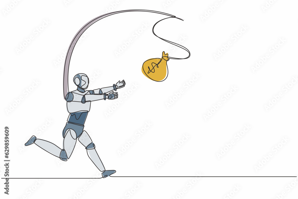 Poster single one line drawing robot chasing bag of money. foolishness, stupidity. future technology develo
