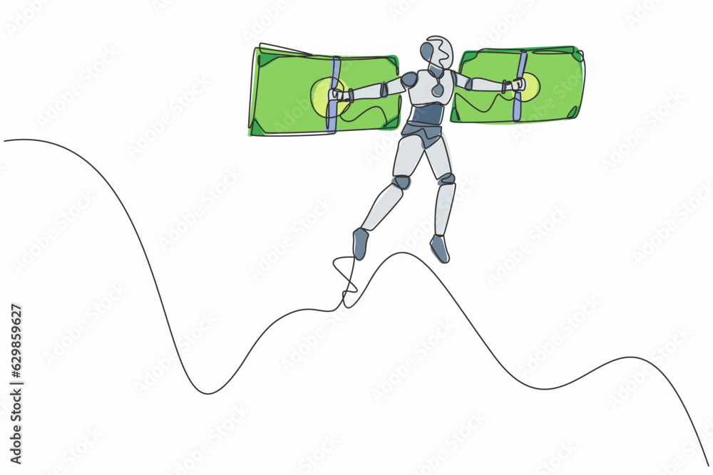 Aufkleber single one line drawing robot flying on money wings. financial freedom. future technology developmen