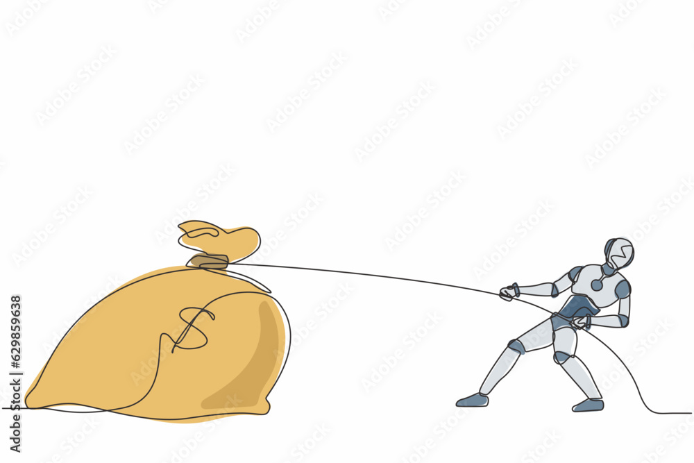 Poster continuous one line drawing robot struggling to pull big bag of money because it is too heavy. human