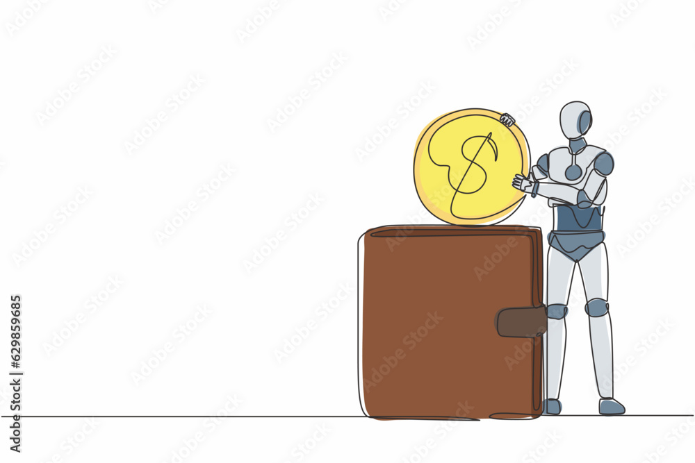 Poster continuous one line drawing robot putting dollar coin into big wallet. humanoid robot cybernetic org