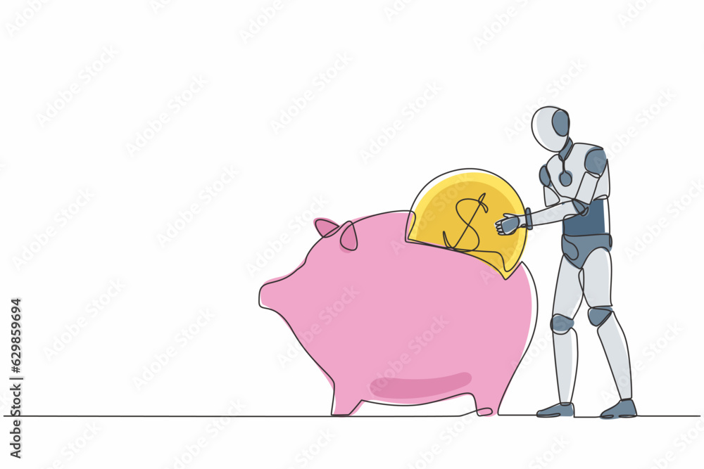 Poster continuous one line drawing robot putting dollar coin into piggy bank. humanoid robot cybernetic org