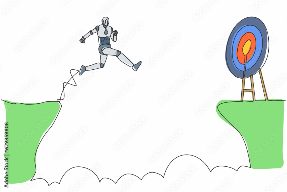 Poster single continuous line drawing robot jumping over cliff to reach target. robotic artificial intellig