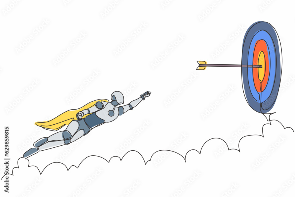 Aufkleber single one line drawing robot in cloak flying up to target. business success, leadership. future tec