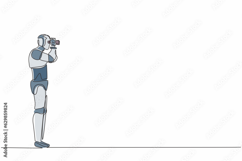 Poster single one line drawing robot looking opportunities with binoculars in hand. future technology devel