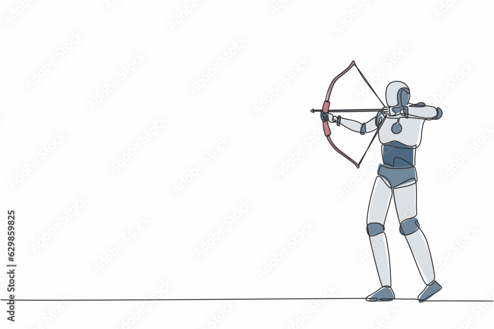 Poster single continuous line drawing robot trying to shoot target with blindfold. modern robotic artificia