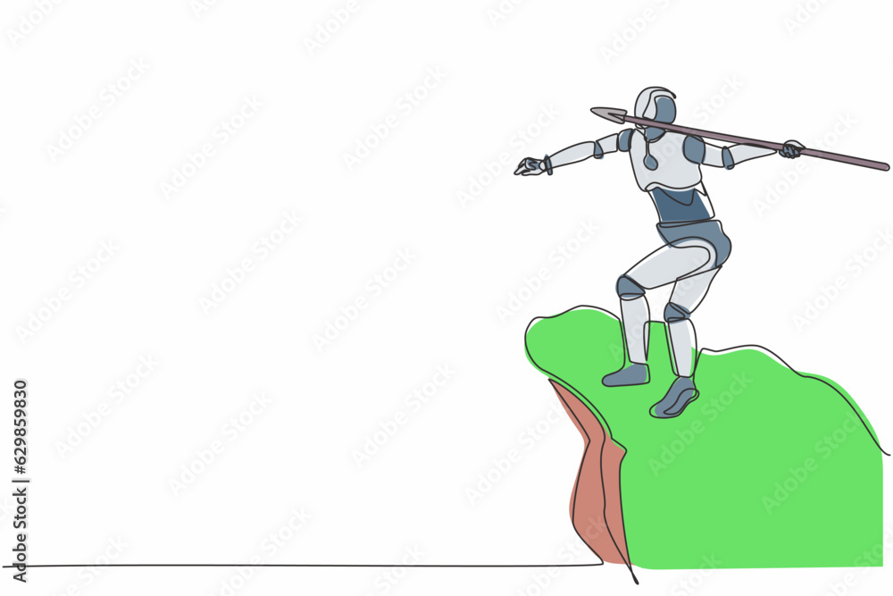 Poster continuous one line drawing robot standing on peak of cliff targeting dartboard with big arrow. huma
