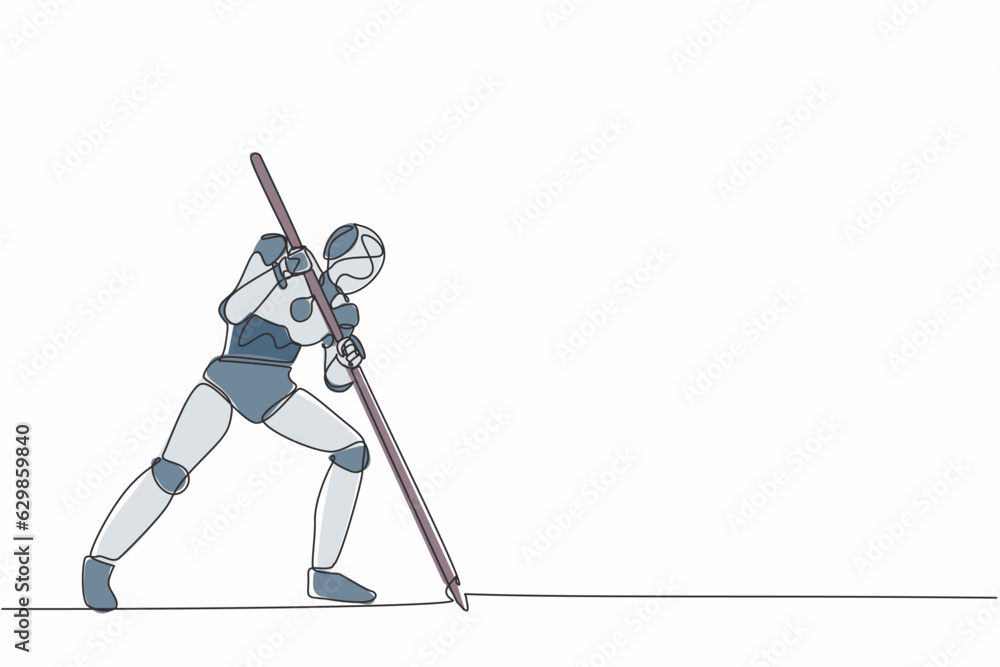 Poster single continuous line drawing robot mark goal with arrow, hit target on ground. modern robotic arti