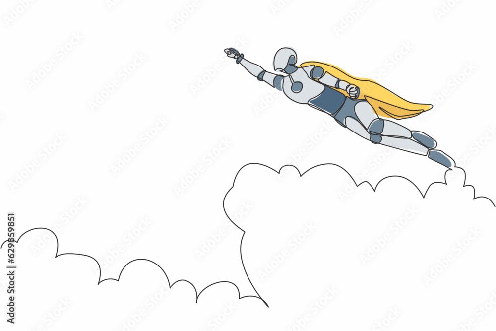 Poster single one line drawing superhero robot in cloak flying up to sky. business success, goal achievemen