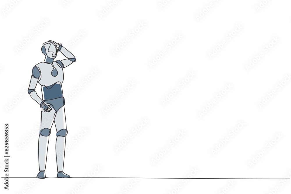Aufkleber continuous one line drawing confused robot standing missed opportunities. humanoid robot cybernetic 