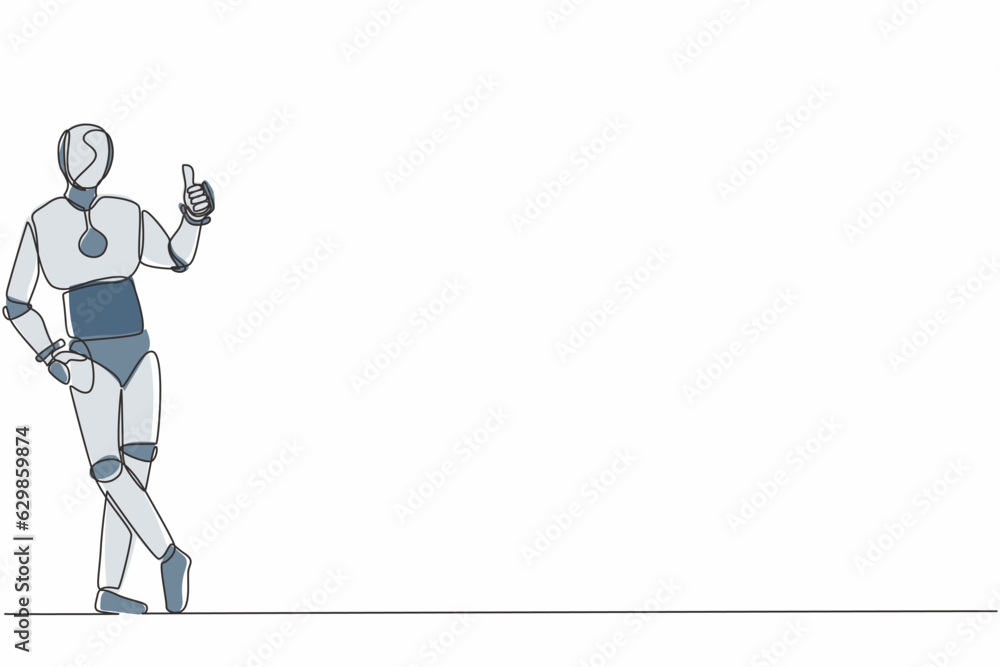 Poster single one line drawing robot standing or leaning with thumbs up gesture. future technology developm