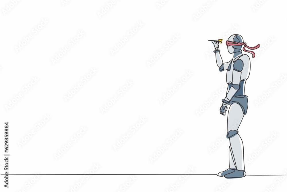 Poster single continuous line drawing robot blindfolded throwing dart. unclear target, blind business visio