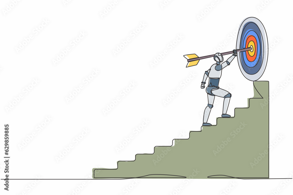 Poster single continuous line drawing robot with arrow is running towards his goal. through stairs, steps o