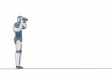 Single one line drawing robot looking opportunities with binoculars in hand. Future technology development. Artificial intelligence machine learning. Continuous line draw design vector illustration