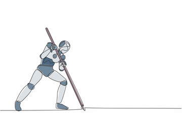 Single continuous line drawing robot mark goal with arrow, hit target on ground. Modern robotic artificial intelligence. Electronic technology industry one line draw graphic design vector illustration