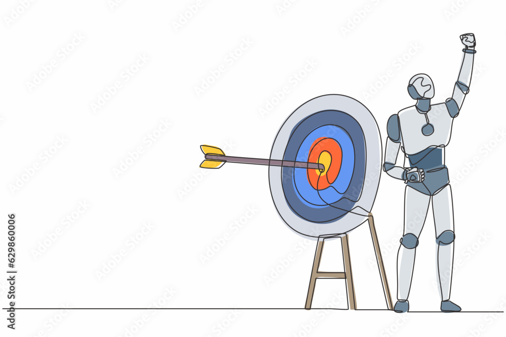Poster single continuous line drawing robot raised hand with fist gesture, arrow exact into target. robotic