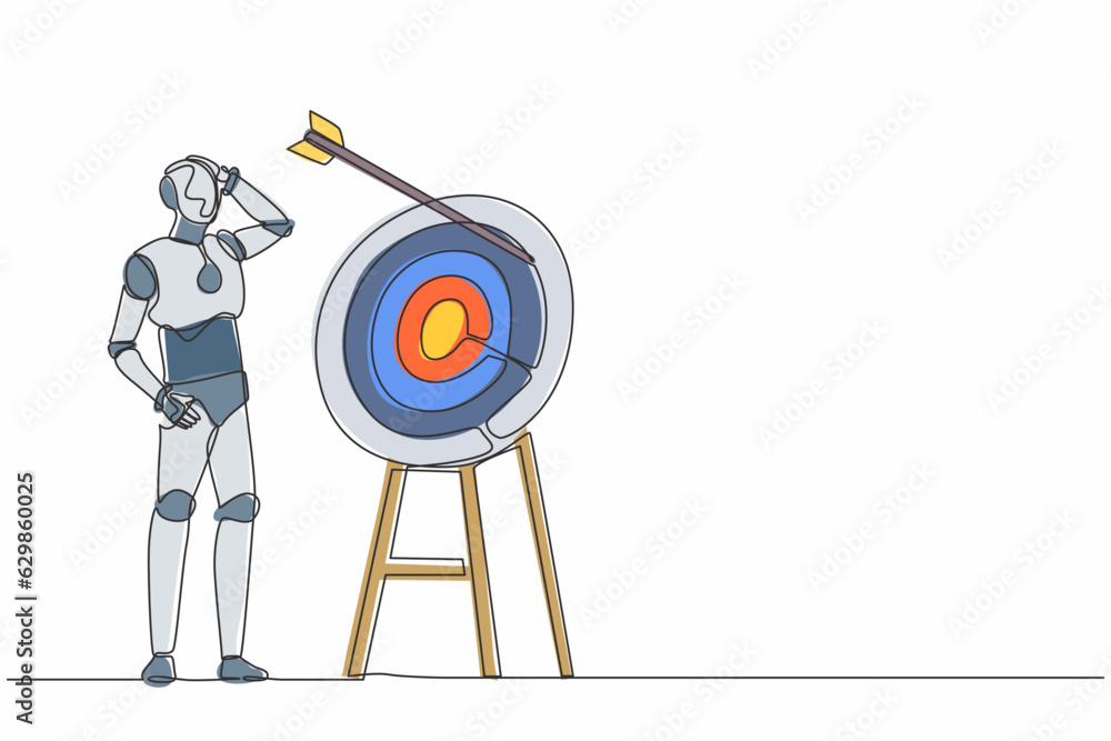 Poster single continuous line drawing robot arrow missed at the target. failed hit archery target. modern r