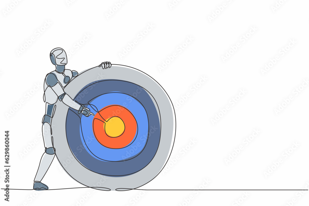 Poster single one line drawing robot holding archer target or dartboard and pointing at bullseye. future te