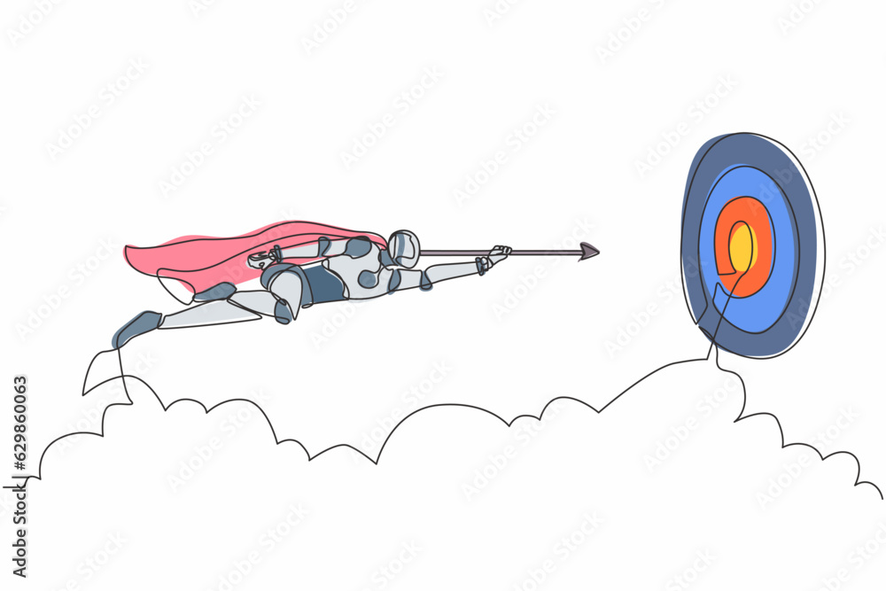 Poster continuous one line drawing robot superhero flying with arrow forward to goal to achieve success. hu