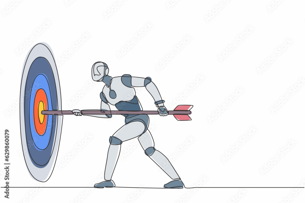 Poster single continuous line drawing robot hold arrow in hand to target, achievement goal. robotic artific