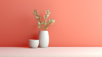 Minimal abstract coral color background with plants and vase for product presentation