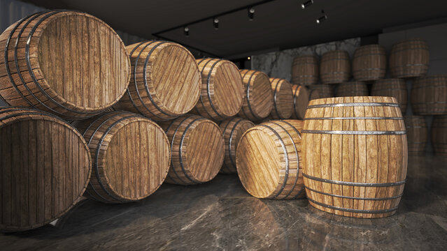 Groups of old oak barrels inside wine cellar. 3D illustration