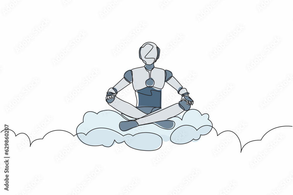 Poster single one line drawing robot relaxes meditation in lotus position on clouds. future technology deve